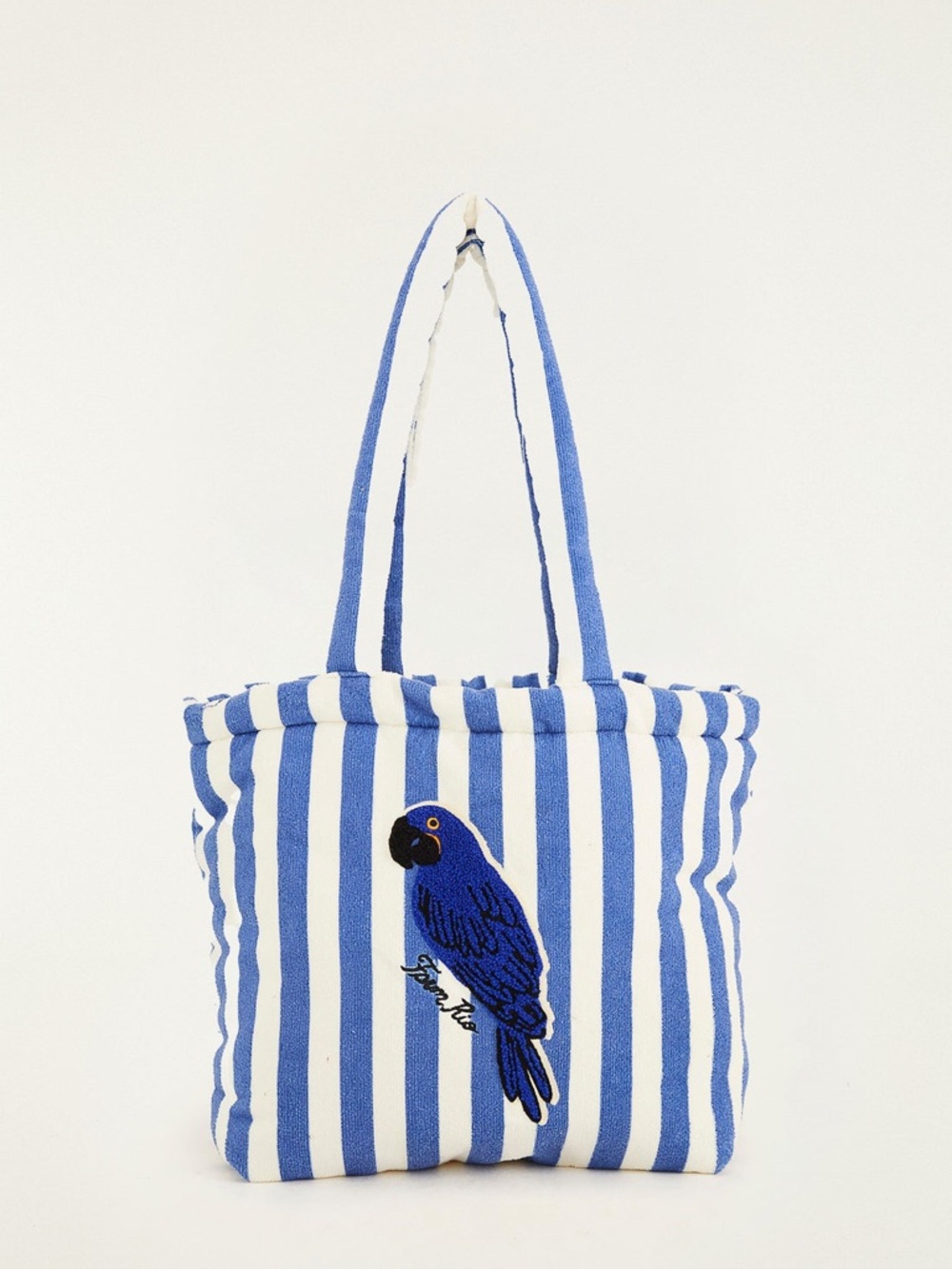 FARM Rio Blue Stripped Macaw Embroidered Terrycloth Cotton Tote Bag NWT